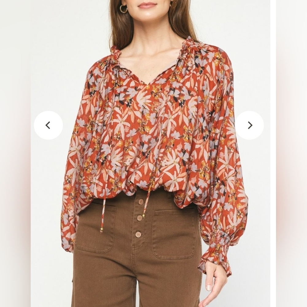Entro Women's Floral Ruffle Balloon Sleeve Blouse Size L Color Rust Bohemian EUC - Picture 4 of 17